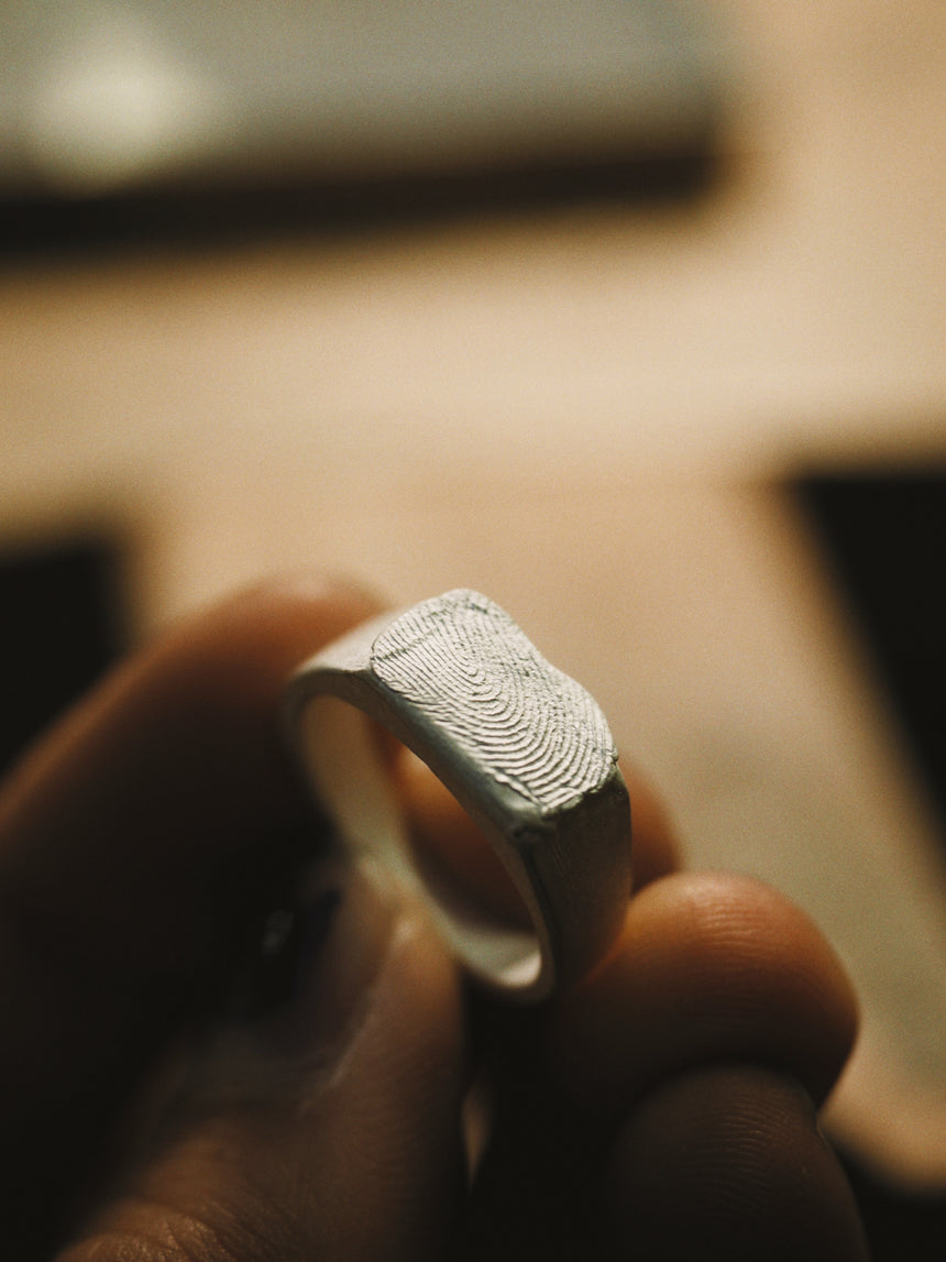 silver signet ring with fingerprint personalization